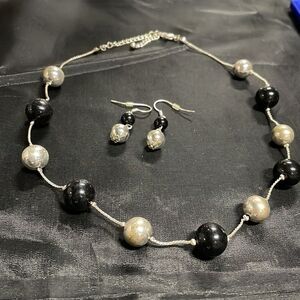 Silver and black beads on silver chain with matching drop earrings, 17-20 inches
